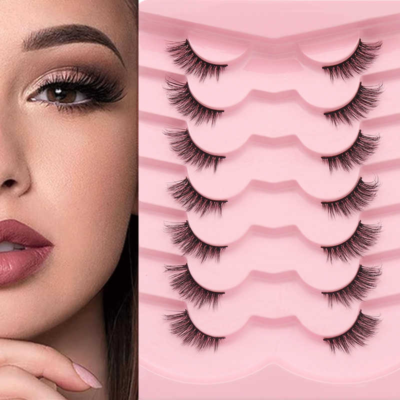 Seven pairs of cat eyes with half cut false eyelashes elongated eye tail with half eyes fox style slanted flight naturally dense W250324