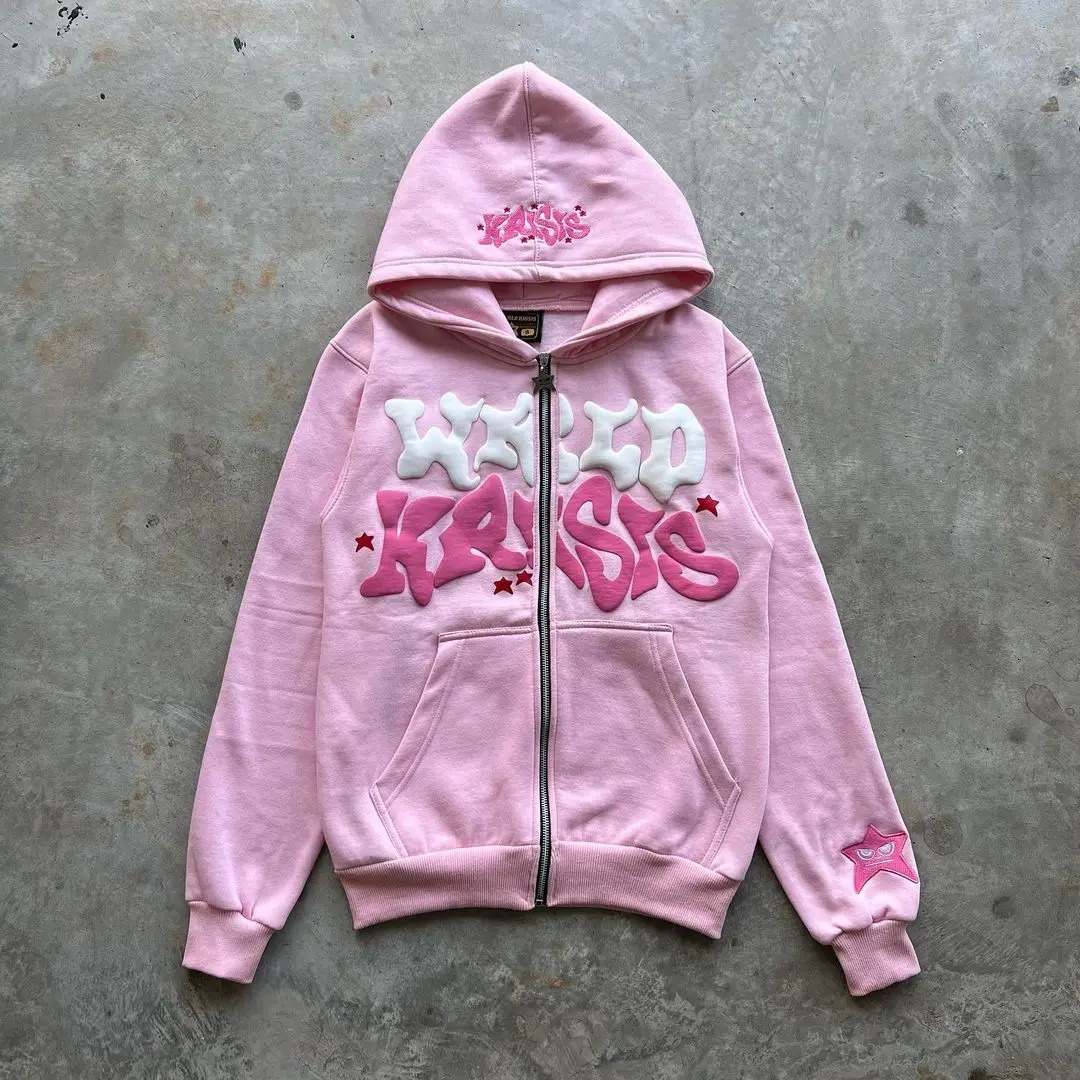 Harajuku pink letter foam hoodie European and American classic loose casual men and women y2k clothes zip up hoodie 250324
