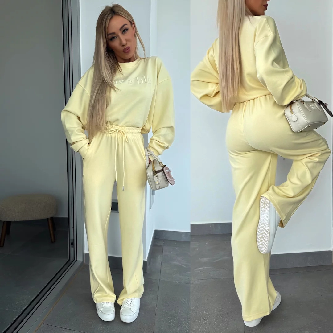 2025 Spring New Solid Color Round Neck Long Sleeve Letter Embroidered Hoodie Strap Pants Two Piece Set