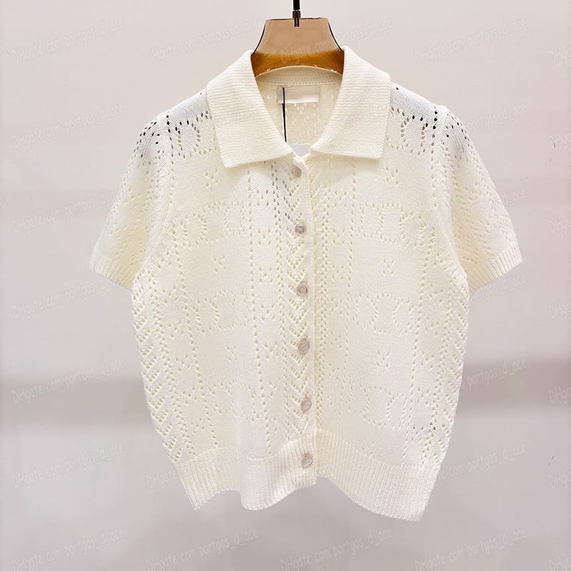 Womens Designer Hollow Knitted Cardigan Tops Short Sleeved Button Up Knit T Shirts Beige Pink Ladies Birthday Party Tops