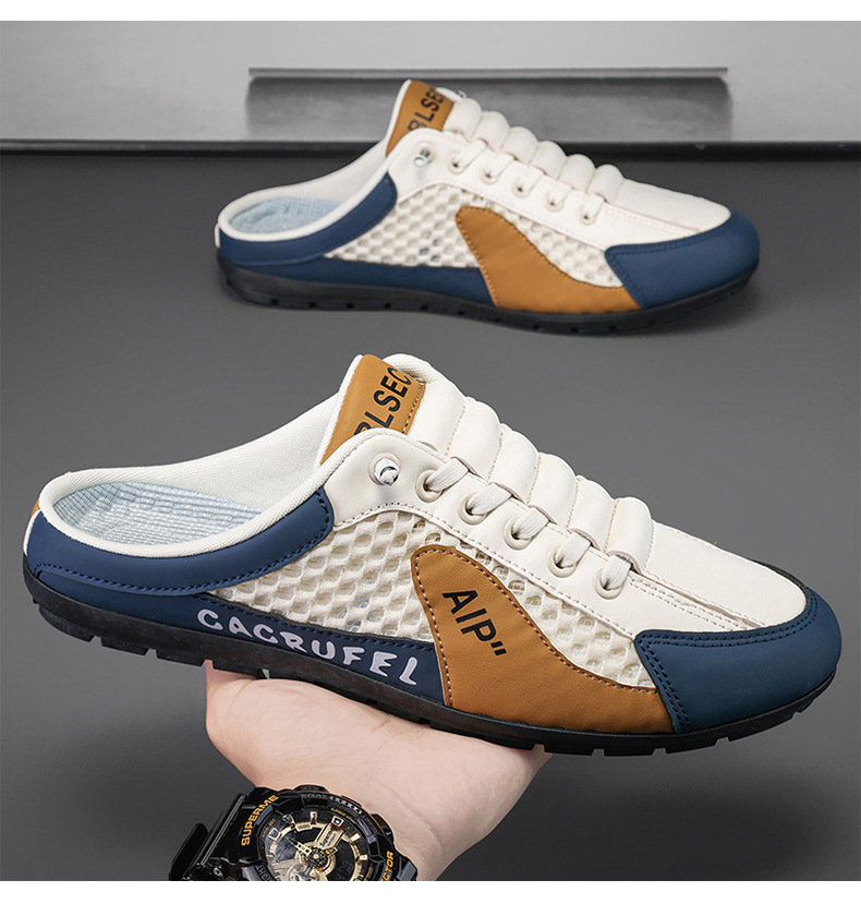 designer shoes 2025 Summer mesh breathable hole sandals for men thin style men's shoes Men's lazy one-step slip-on backless toe cap slippers