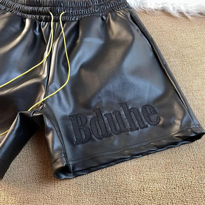 Men's Shorts Pu Leather Black Red Board Yellow Drawstring Beach Holiday Shortpant Men Women Embroidery Patch Letters Short Pants
