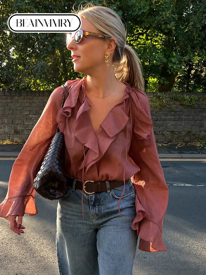 Elegant pleated lace V-neck loose sheer shirt suitable for womens casual solid pleated pullover womens fashionable spring high street top 250322