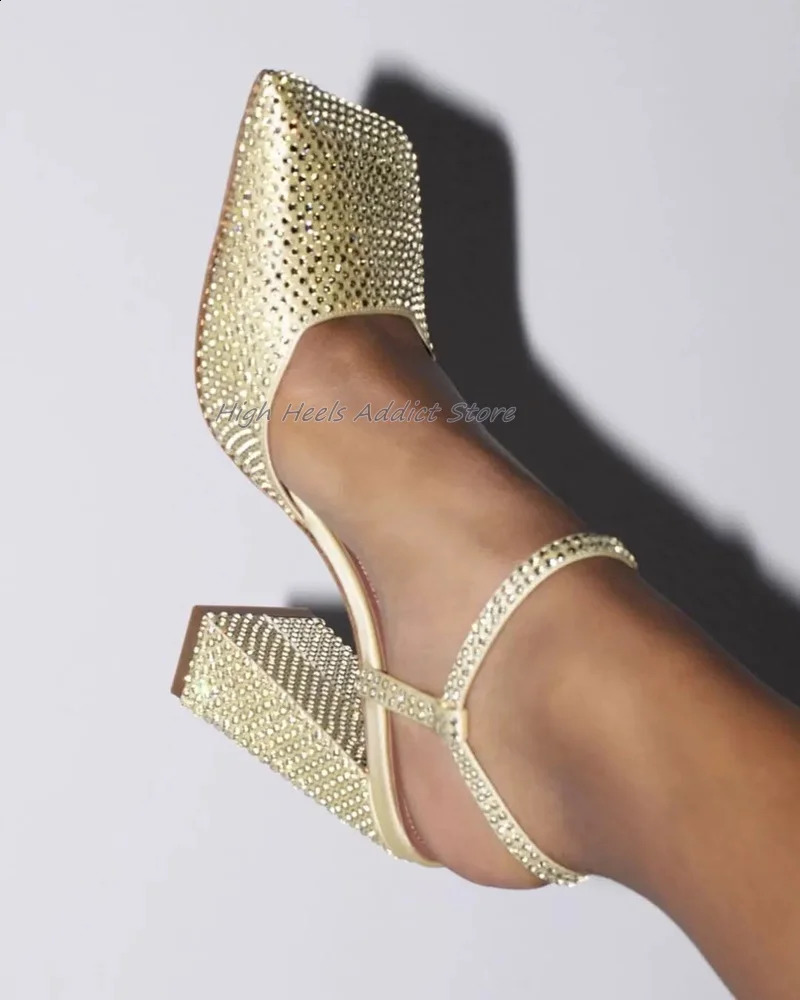 SqUAre Toe crystal chunky Heel Sandals Summer Satin Sexy High Heels Leather Shoes for Women Big Size 250322