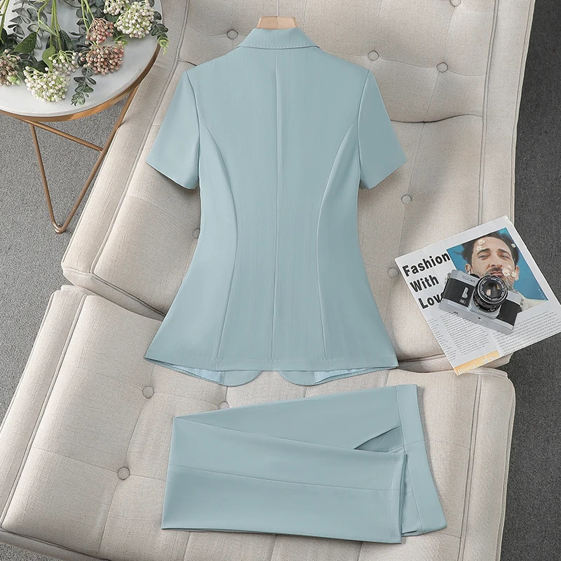 ZJYT Fashion Spring Summer Pant Suit Women Office Business Formal Short Sleeve Blazer Trousers Set 2 Piece Outfit Pink Plus Size 250324