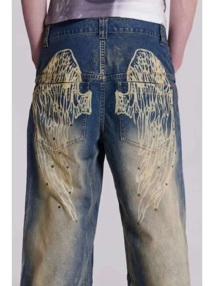 HOUZHOU Y2k Vintage Women Jeans Back Wing Printed Rivet Washed Wide Leg Denim Pants Baggy Distressed Casual Trousers Streetwear