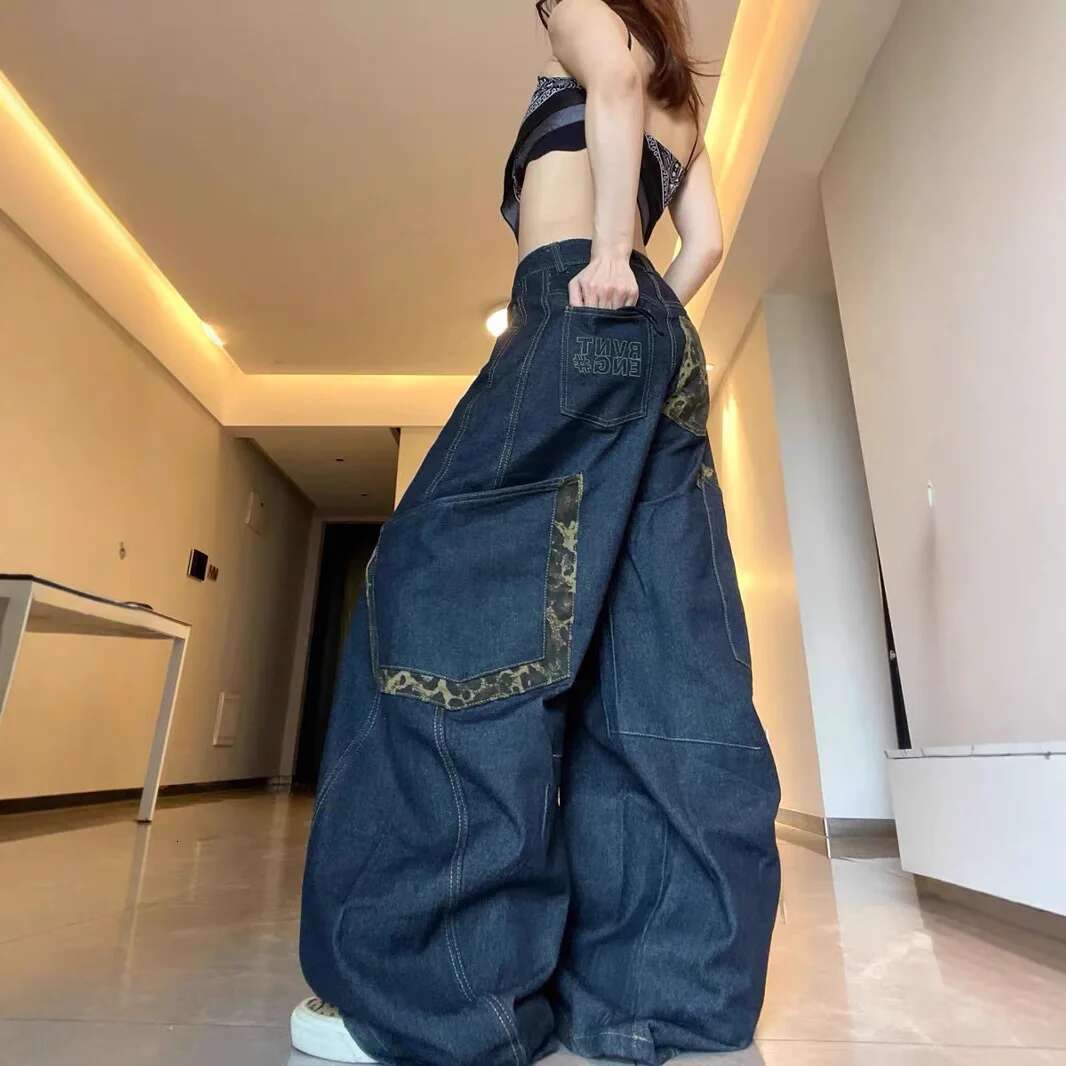 Retro High Street Loose Fit Deep Blue Wide Leg Jeans Women With Slimming Flare Design Perfect For Autumn Winter Casual Style