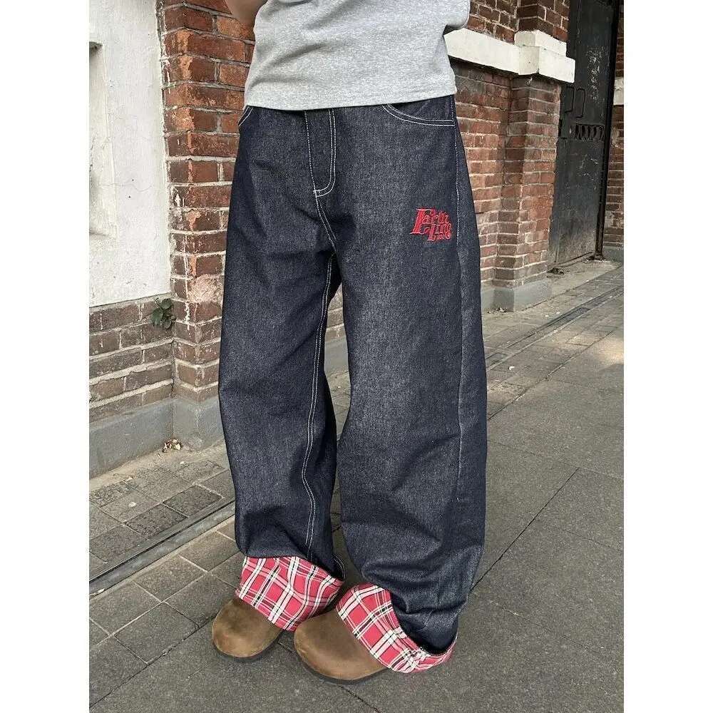 American Retro Plaid Patchwork Rolled Edge Jeans High Street Haruku Loose Wide Straight Leg Men And Women Pants