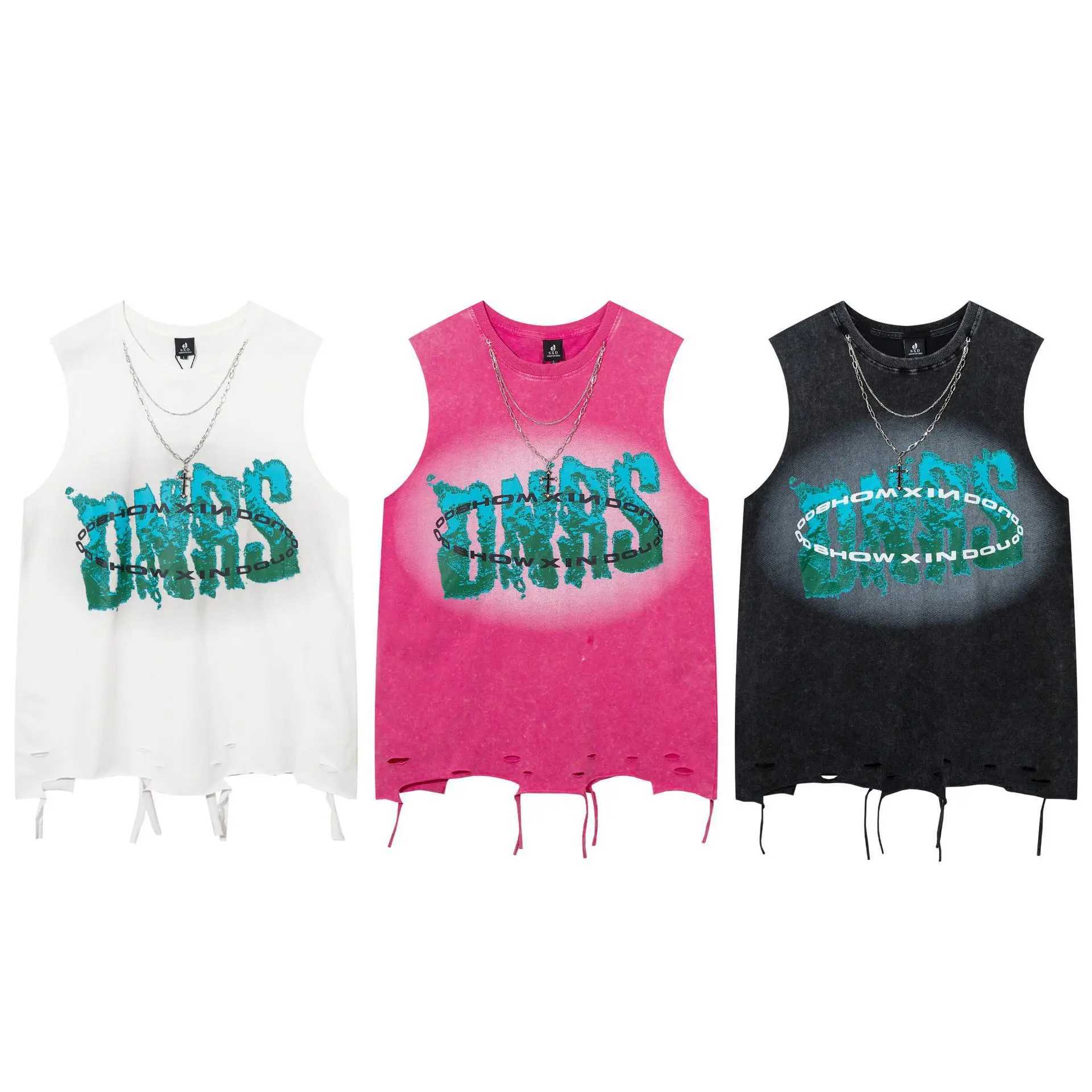 2024 Summer Cross Necklace Sleeveless T-shirt Y2k European and American Street Fashion Vest Mens Washing Distressed Cut Printed Top X250324