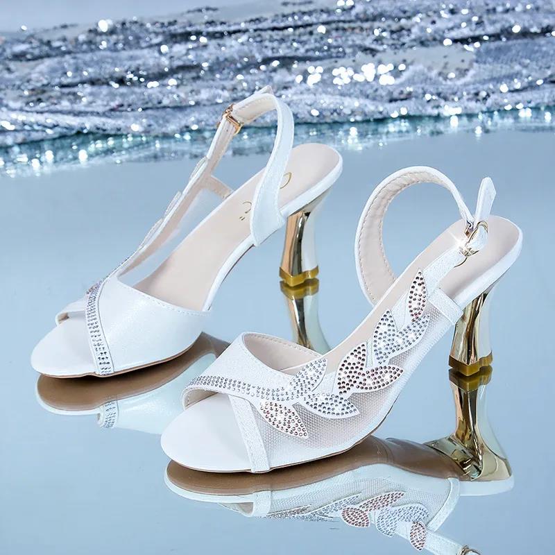 free Shipping Mid heeled sandals Designer slipper one-piece sandal rhinestone mesh high heels for women External penetration 2025