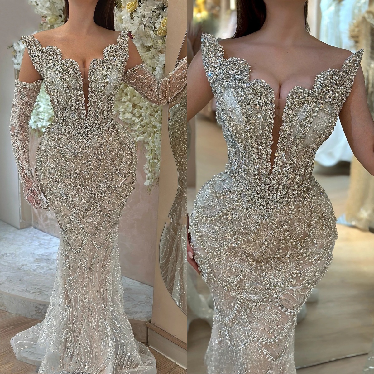 Luxurious Crystals Prom Dresses Mermaid Sweetheart Sleeveless Celebrity Evening Dresses Beaded Party Gown Vestidos De Noche Customized