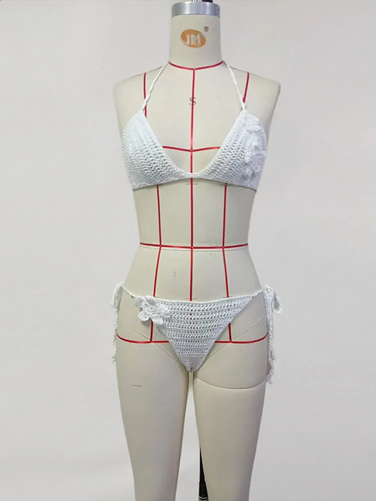 2025 Summer Knitted 3 Pieces Sets Women Fashion Solid Lace Up Crop Tops Long Wide-leg Pants Sexy Holiday Beach Ladies Suit 250324