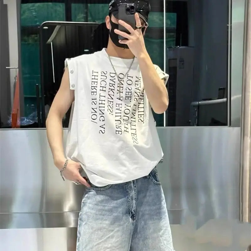 Mens letter printed loose vest metal button fitness vest top mens muscle sleeveless sports vest breathable sports vest 250321
