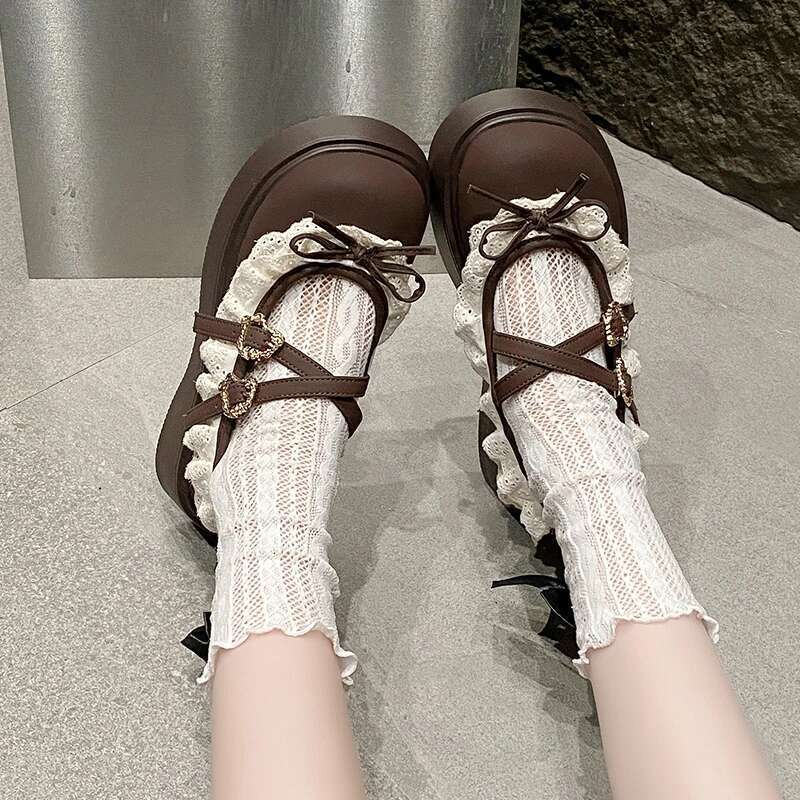 Women's round toe shallow lace cross straps, buckle, bow mid-heel fashion single outdoor Lolita, ladies Mary Jane shoes