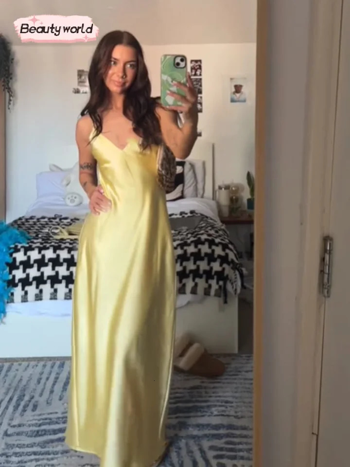 Women Elegant Sling Long Dresses Fashion Yellow Satin Backless V Neck Zipper High Waist Dress Summer Lades Vestidos Para Mujer 250324