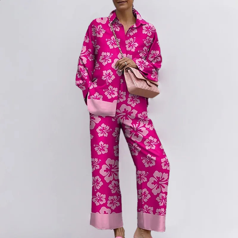 Autumn Loose Vintage Printed Pant Sets Women Long Sleeve Shirts And Wide Legs Trousers Two Piece Set Fashion Streetwear 250324