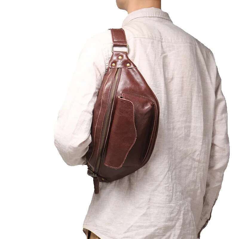 LUOKIR Retro Men's Chest Vegetable Tanned Leather Casual Crossbody Bag, Cowhide Shoulder Bag