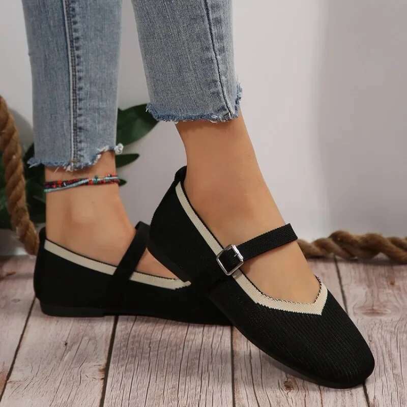 Elegant Mary Janes Flats Women Black Buckle Strap Shallow Casual Ballet Shoes Ladies Spring Autumn Canvas Loafers