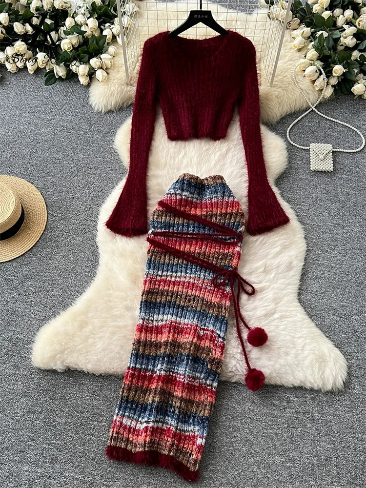 SINGREENY Winter Warm Knitted Two Piece Set O-neck Short TopHigh Waist Lace Upper Tight Clothes Slimming Womens Set 250322