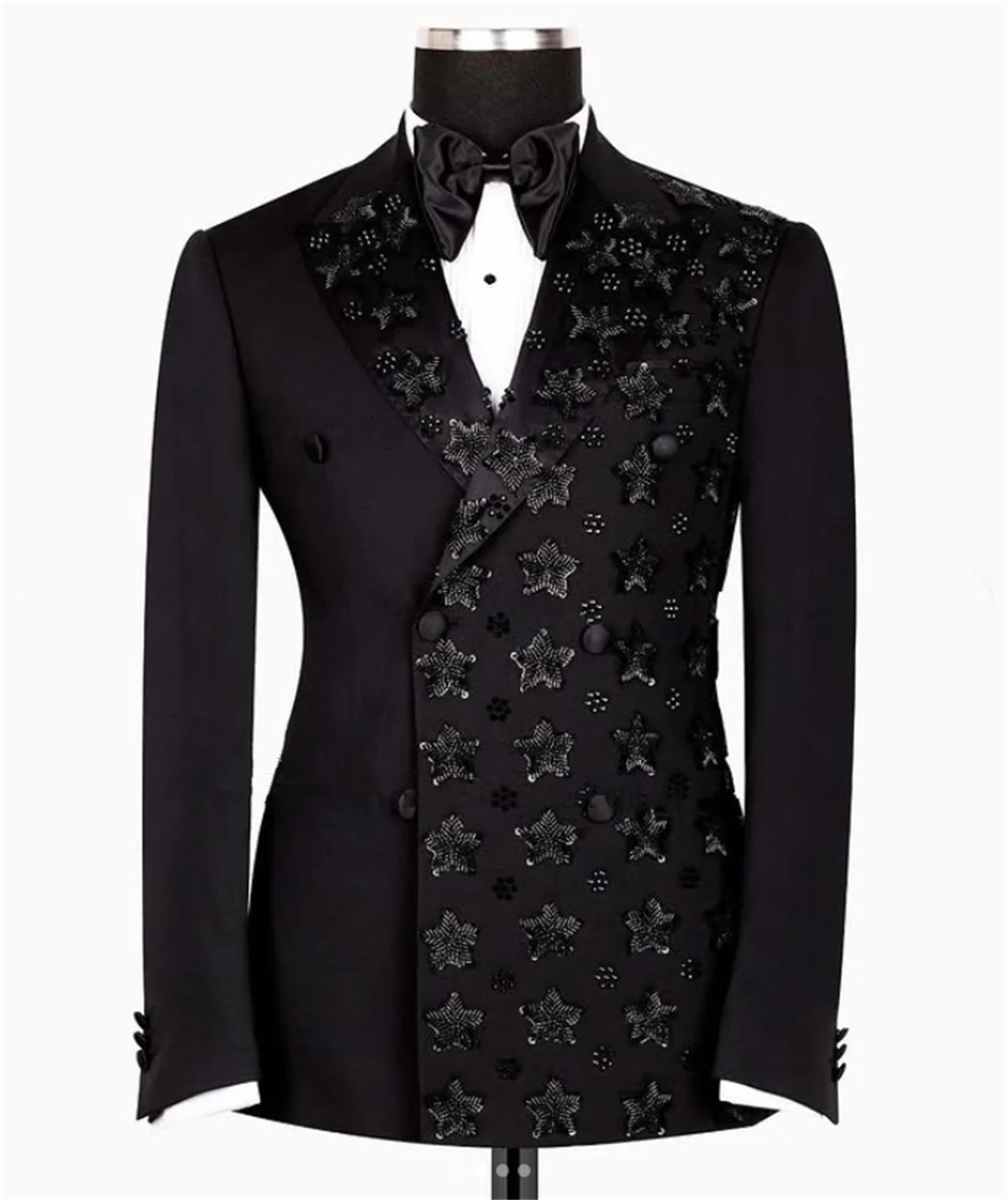 Men Suits Beading Unique Tailor-Made Peaked Lapel Suit Tuxedos for Wedding 2 Pieces Set Double Breasted Groom Blazer Coat+Pants Prom Party Formal Occa