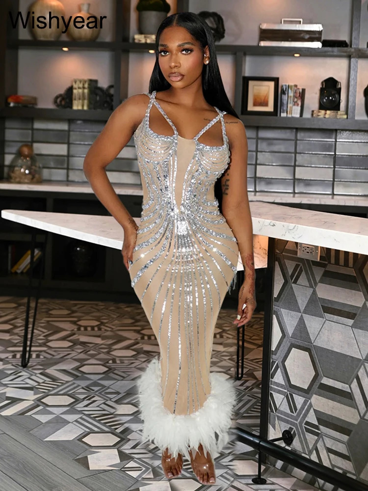 Sequined Feather Spaghetti Strap Birthday Bodycon Long Dress Woman Elegant Evening Sexy Wedding Guest Party Gowns Dresses 250320