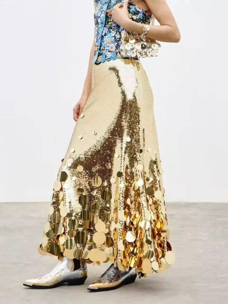 IEQJ 2025 Spring Advanced Sequined Womens Skirt Solid High Waist A-line Ankle-Length Female Party Elegant Clothing 3XP48 250322