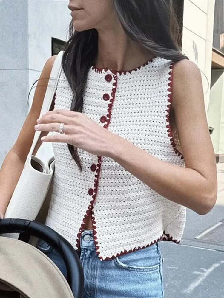 Color Contrast Knitted Vest Top Pants 2Piece Set Round Neck Sleeveless Waistcoat Cardigan Sweater Knitwear High-Waisted Trousers 250324