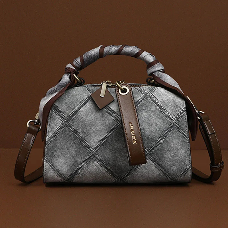 2024 Womens Elegant Grey Genuine Leather Bag Printed Cross Body Boston Handbag Pillow 250317