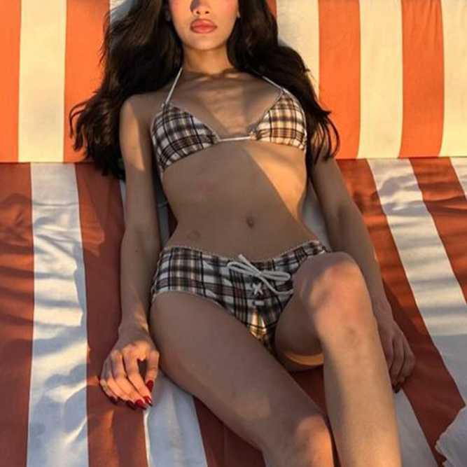 Summer sexy swimsuit bikini plaid print patchwork strap hanging neck bra triangular cup shorts set 250315