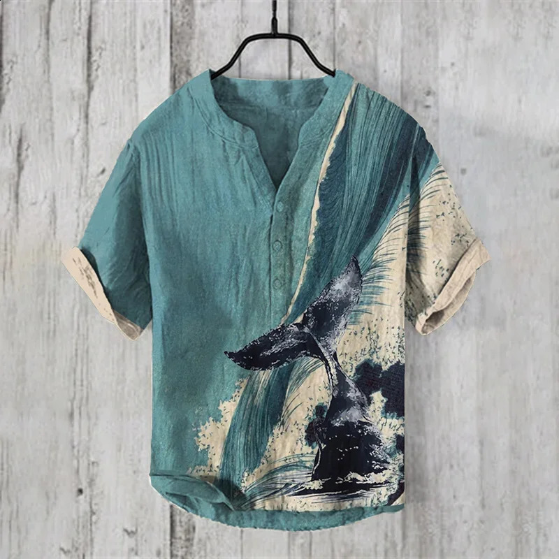 Summer Mens Vneck Short Sleeve Tshirt Casual Print The Great Wave Off Kanagawa Linen Blended Shirt Clothing Tees Tops 250311