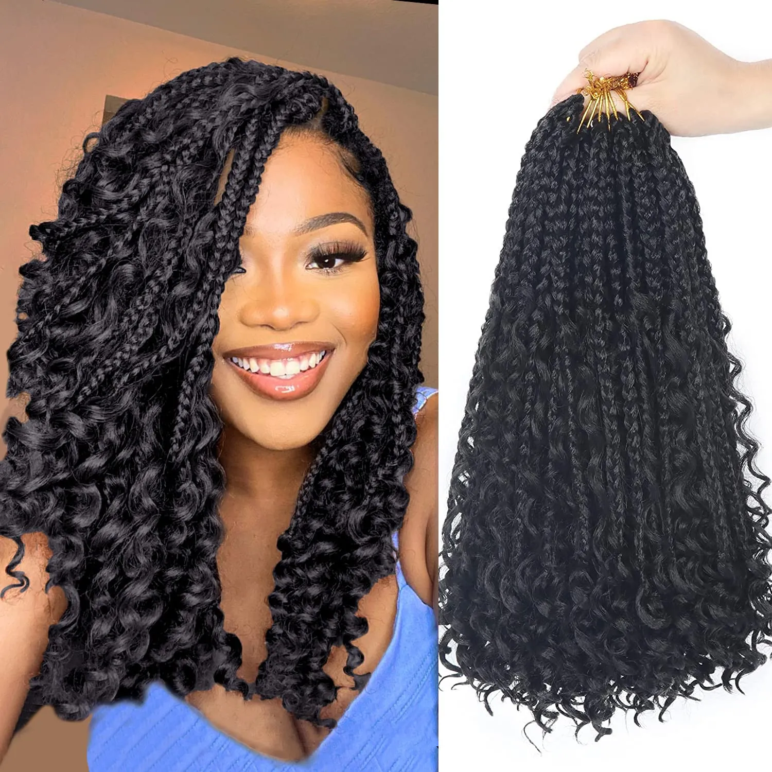 Goddess Bohemian Box Braids Crochet Hair - 36 Inch Curly Ends, 6 Packs Synthetic Curly Wave Ends Pre Looped Braiding Hair Extensions For Thin Hair Dai