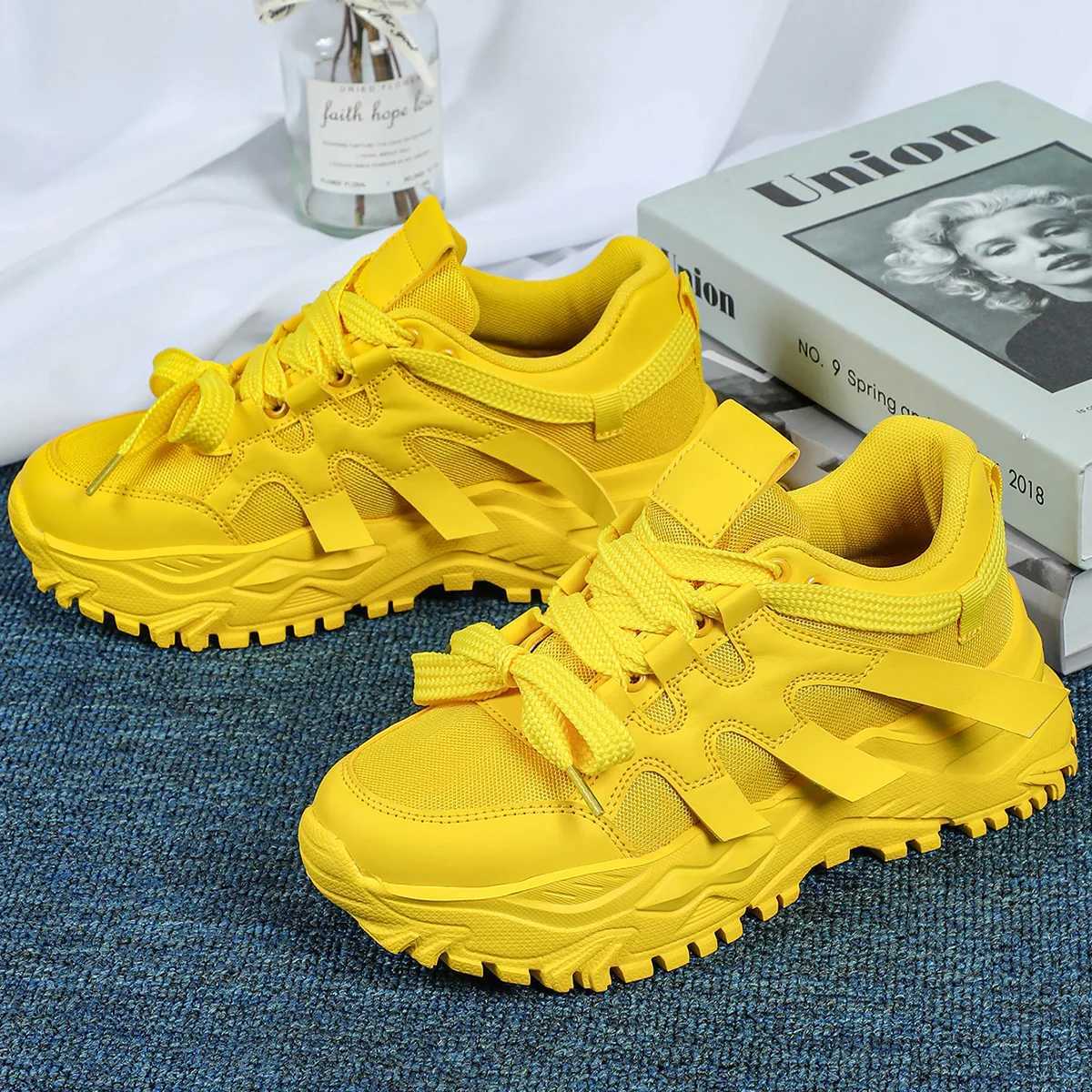 Yellow womens shoes Fi luxury origin platform short and fat casual sports shoes autumn sports tennis womens shoes plus sizeXJ250324
