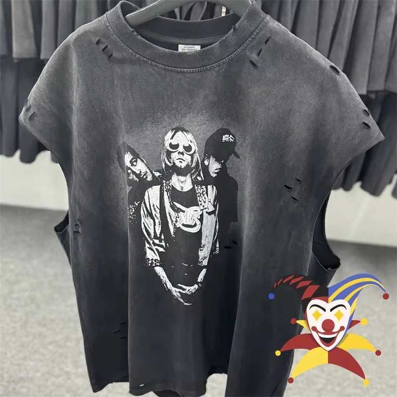 Hole Saint Retro Wash Sleeve Strapless Pattern T-shirt High Quality Heavy duty Fabric T-shirt Triple Top X250324