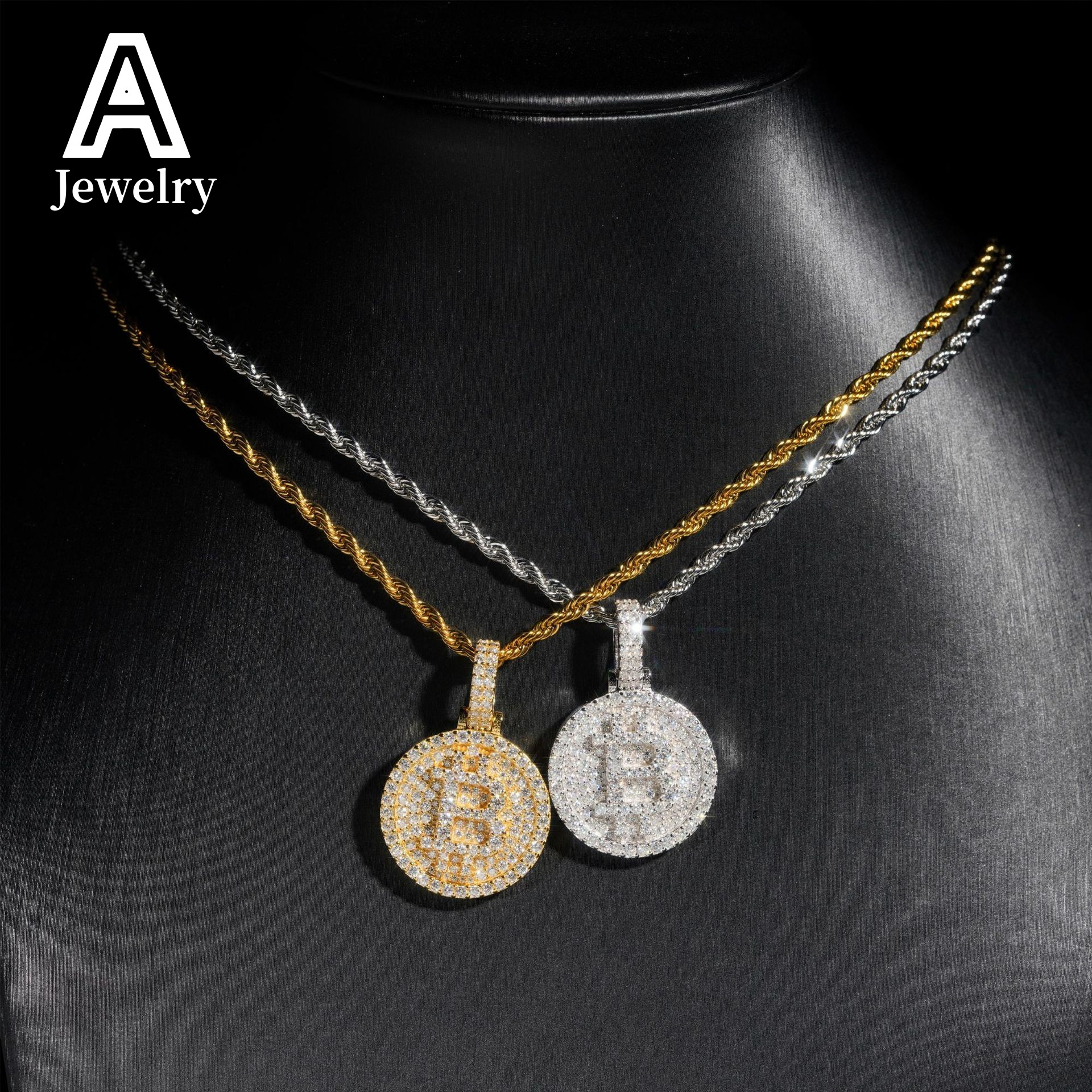 Iced out jewelry sterling silver B coin moissanite pendant custom design 25mm round shape mioissanite pendants