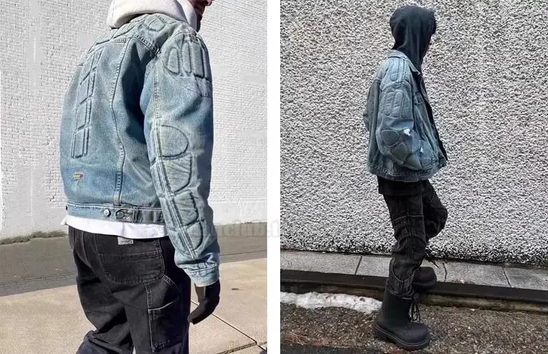 High Street Harajuku Washing and Old Denim Jacket Men Hip-hop Gothic Punk Y2K Streetwear Trendy Retro Casual Loose Coats 250318