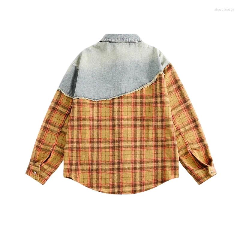 Men's Jackets Beianji Trendy Brand Clothing Design Sense Splicing Hip-hop Plaid Denim Jacket Unisex American High Street Couple's