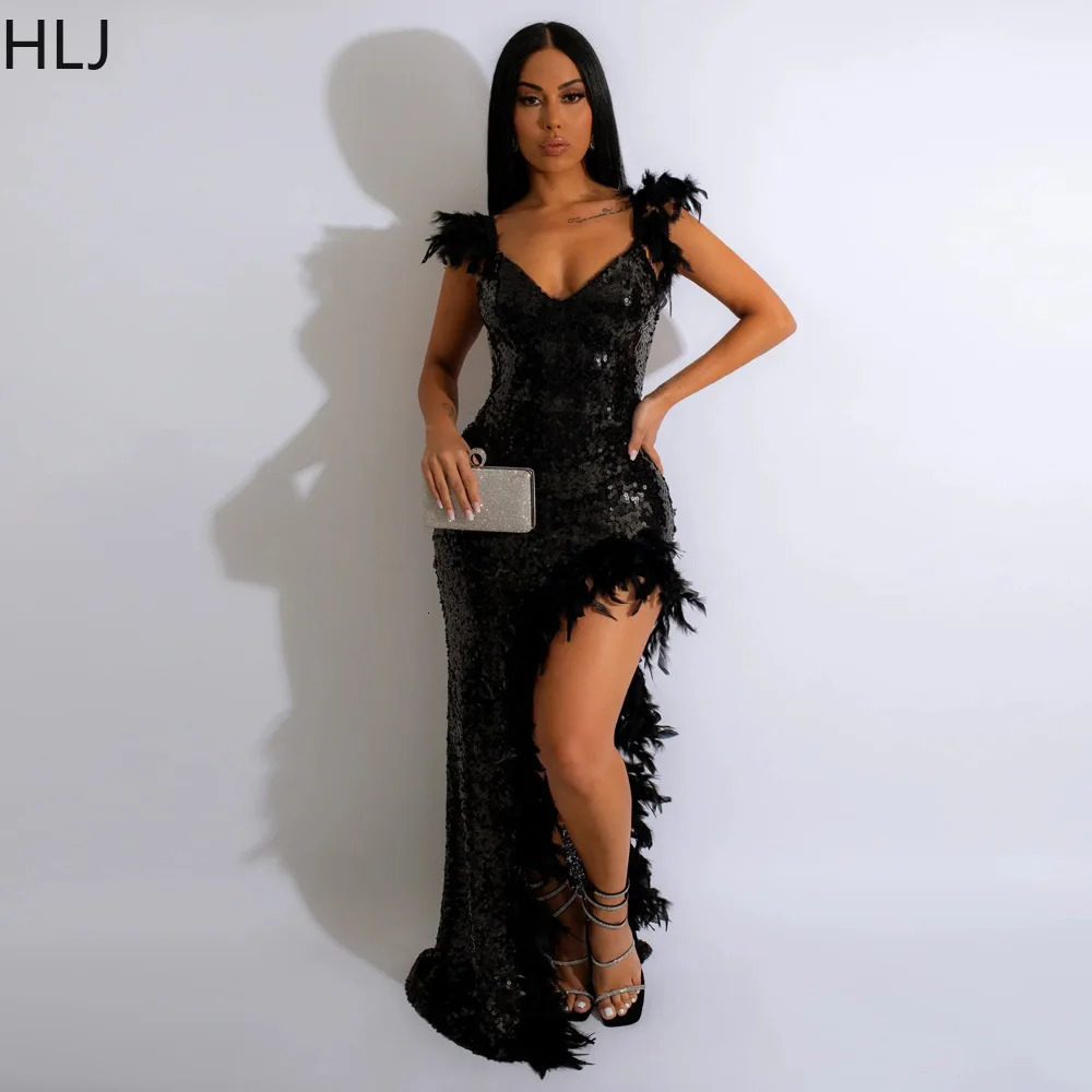 HLJ Sexy Night Club Formal Ball Dress Elegant Gold Glitter Feather Long Womens Backless High Seam Cocktail Party Vest 250320