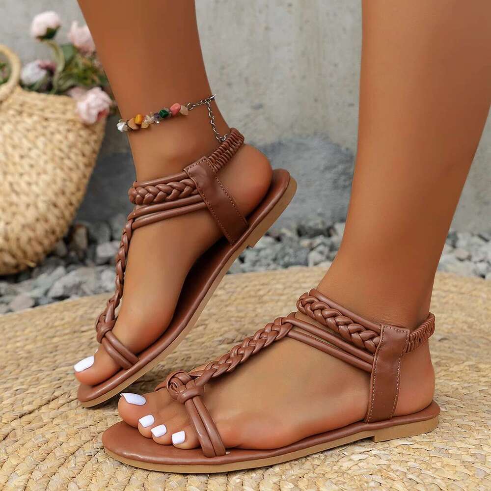 New Round Head Flat Set Toe Chain Women's Braided Buckle Beach Sandals Size 36-43
