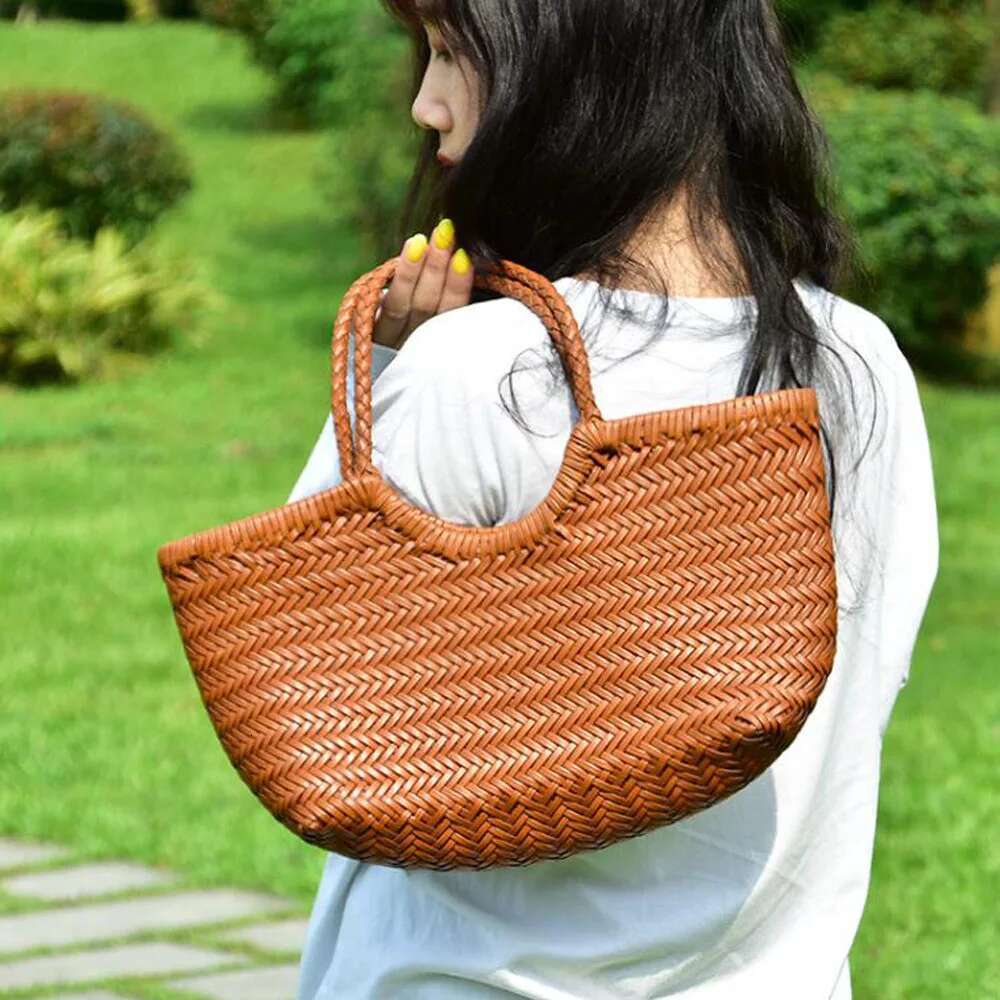 Fashion Handbags Woman Cow Second Layer Split Leather Weave Shopping Basket Tote Purse Handle Bags