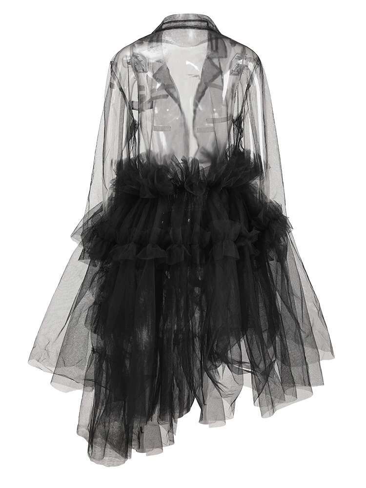 Women Black Mesh Ruffles Perspective Blazer New Lapel Long Sleeve Jacket Fashion Tide Spring Summer 2025 Cpdb110