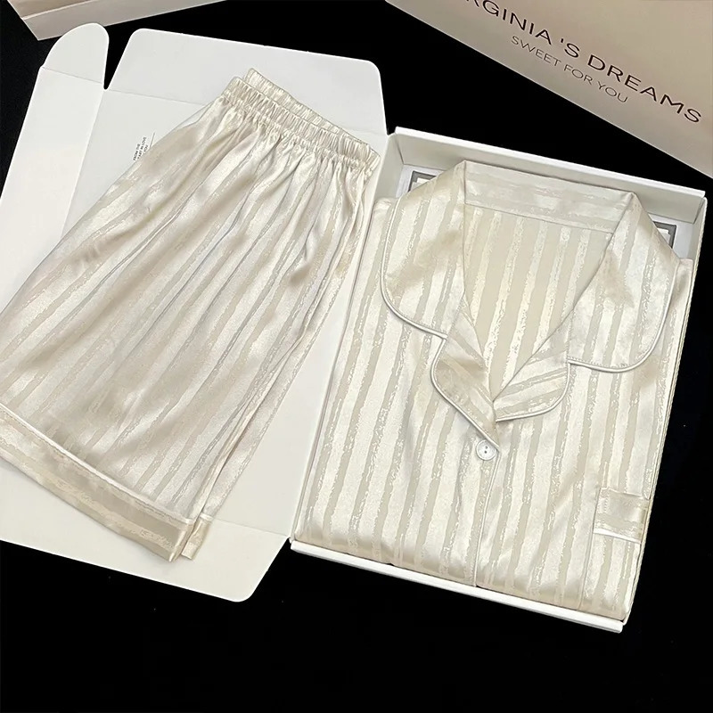 Stripe Minimalism and Fashion Instagram Style Womens Summer Short sleeved Pajama Set Thin Home Clothing Ice Silk 250321