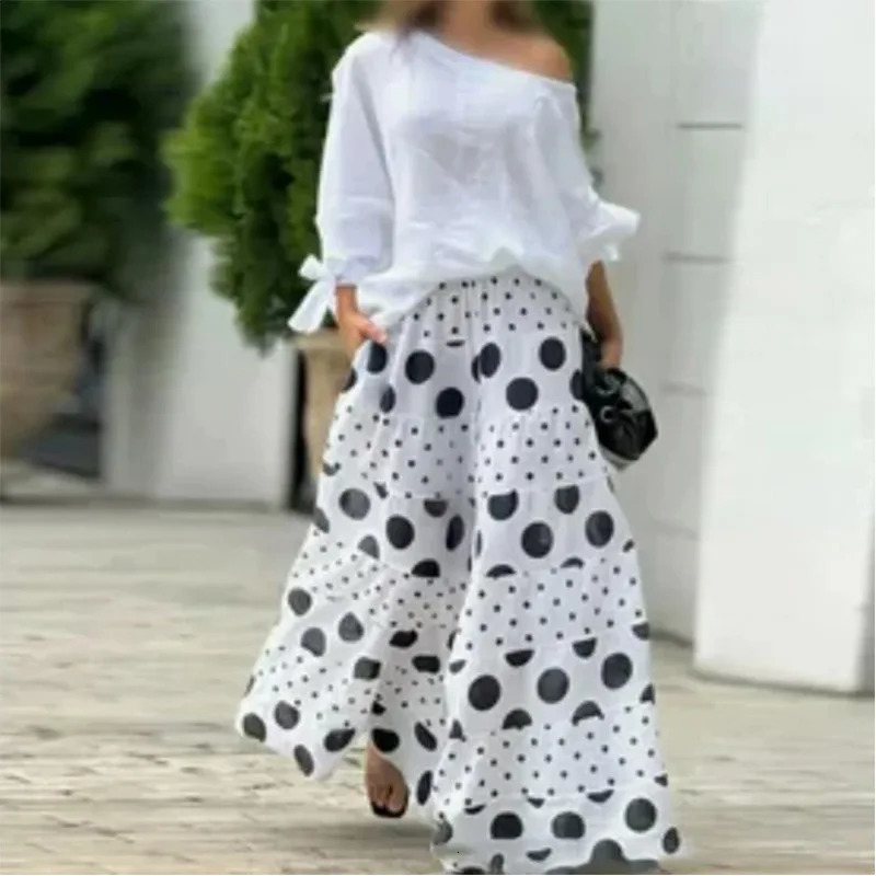Spring Summer Elegant Fashion Print Womens Set Two-piece Casual One-Neck Off-Shoulder Long-Sleeve Solid Top Loose Culottes Suit 250324