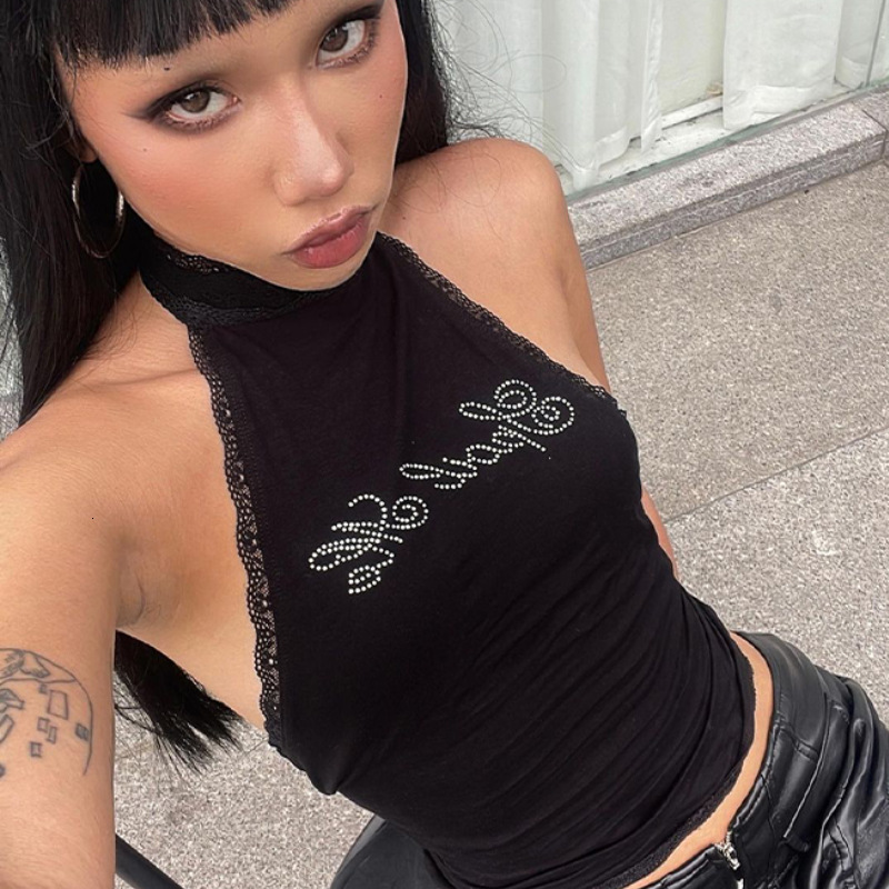 2025 New Lace Designer Vest Paired With Hot Diamond Letters For Spring Slim Fit Women's Sexy Open Neck Top