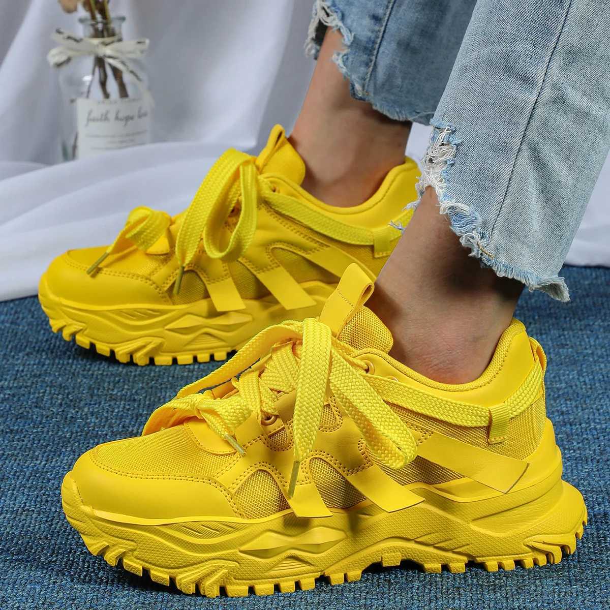 Yellow womens shoes Fi luxury origin platform short and fat casual sports shoes autumn sports tennis womens shoes plus sizeXJ250324