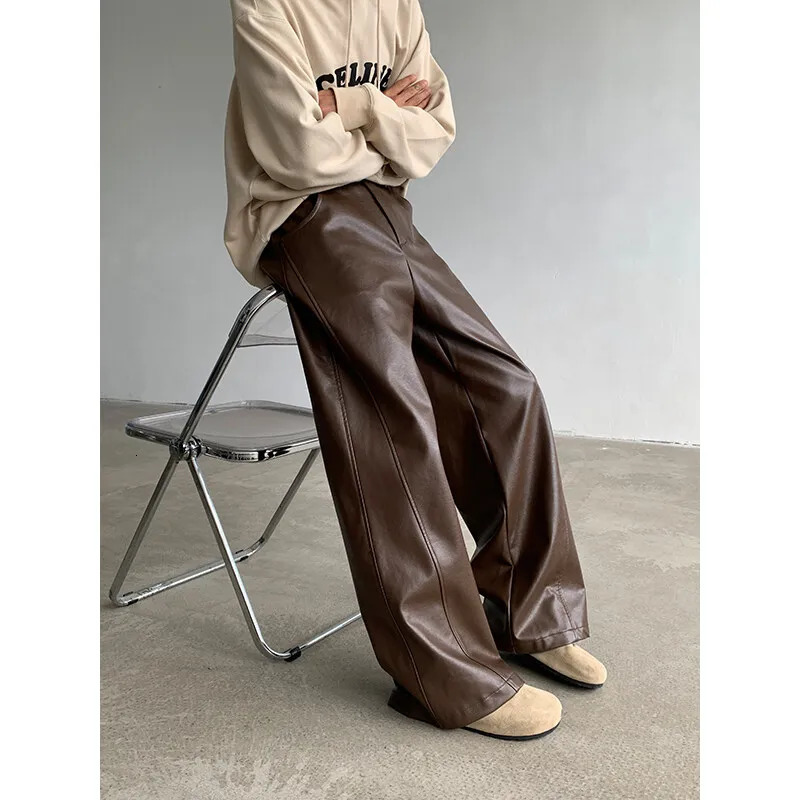 PU Leather Pants Men Straight 2025 Spring Mens Punk Fashion Hip Wideleg Mopping Trousers Windproof Dark BrownBlack 250318