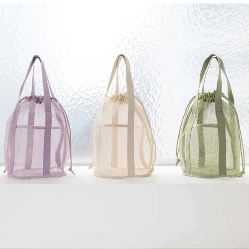 Travel large capacity mesh nylon makeup bag organizer folding casual mesh drawstring bag 250321