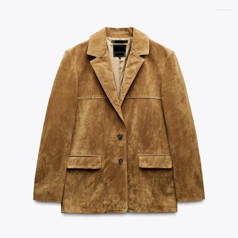 Women's Jackets Vintage Suede Leather Jacket Brown Blazer Women Spring Fashion Single Breasted Lapel Loose Coats Office Lady Outerwears