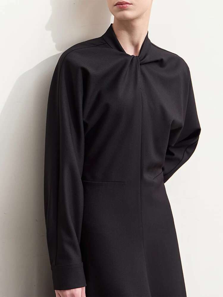 Amii Minimalism 2024 Autumn New Dresses Stand Collar Twist Pleat Waist Long-sleeve Office Lady Dress for Women 12453014