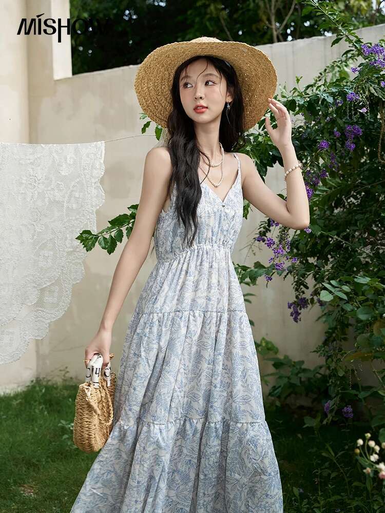 MISHOW V-neck Camisole Summer 2024 French Retro Printing Adjustable Shoulder Straps Back Lace-up Holiday Dress MXD25L1903