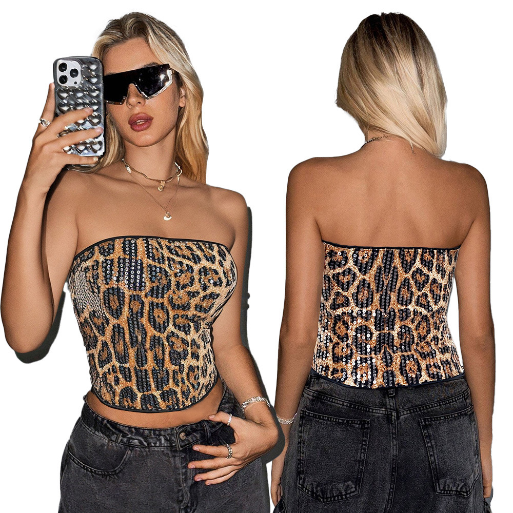 2025 Women's Slim Fit Beach Vest New Designer Personalized Street Trend Leopard Print Strapless Sequin Top Party Women's Clothing